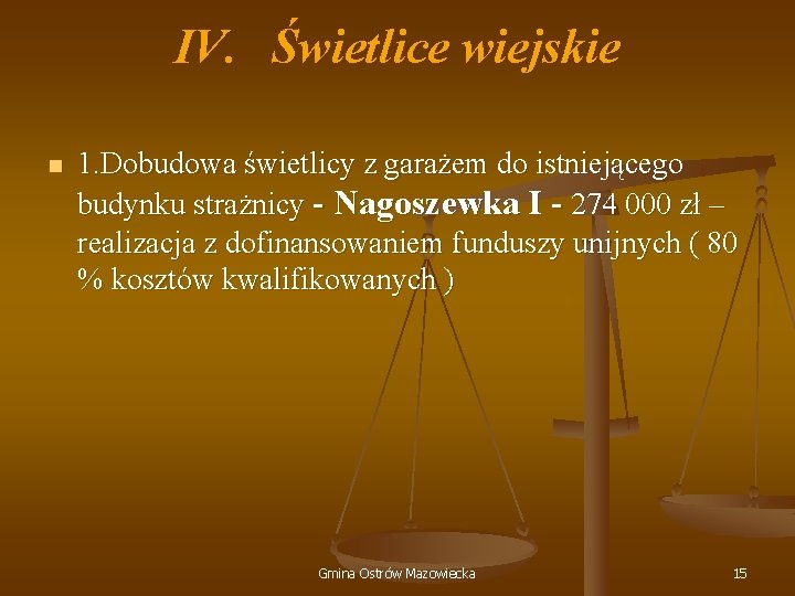 IV. Świetlice wiejskie n 1. Dobudowa świetlicy z garażem do istniejącego budynku strażnicy -