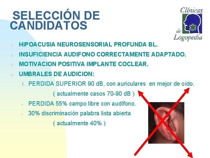 SELECCIÓN DE CANDIDATOS 1. HIPOACUSIA NEUROSENSORIAL PROFUNDA BL. 2. INSUFICIENCIA AUDIFONO CORRECTAMENTE ADAPTADO. 3.