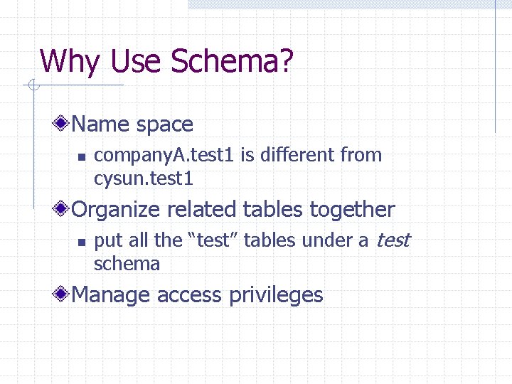 Why Use Schema? Name space n company. A. test 1 is different from cysun. Why Use Schema? Name space n company. A. test 1 is different from cysun.