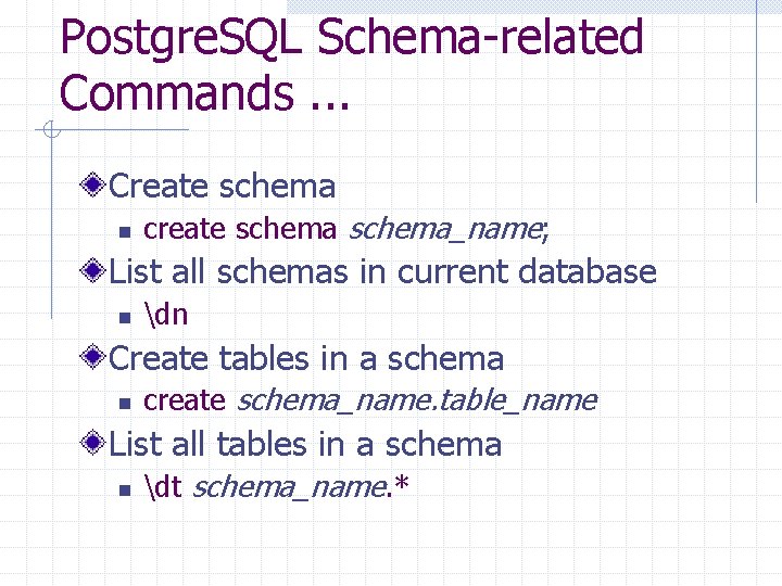 Postgre. SQL Schema-related Commands. . . Create schema n create schema_name; List all schemas Postgre. SQL Schema-related Commands. . . Create schema n create schema_name; List all schemas