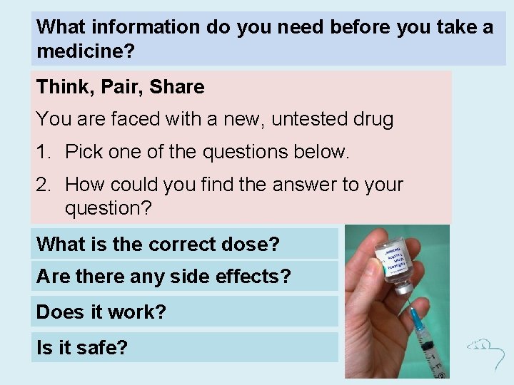 What information do you need before you take a medicine? Think, Pair, Share You