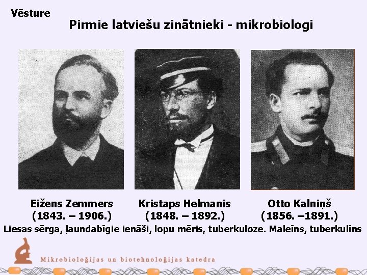 Vēsture Pirmie latviešu zinātnieki - mikrobiologi Eižens Zemmers (1843. – 1906. ) Kristaps Helmanis