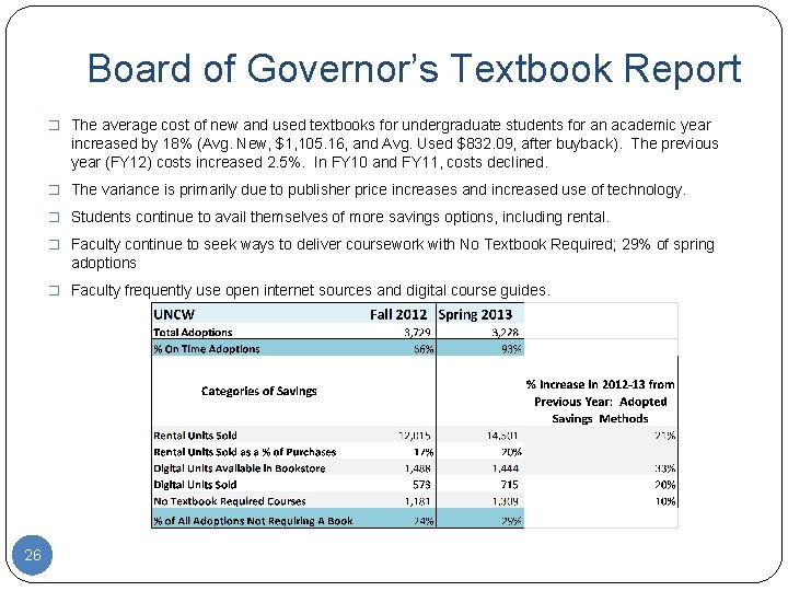Board of Governor’s Textbook Report � The average cost of new and used textbooks
