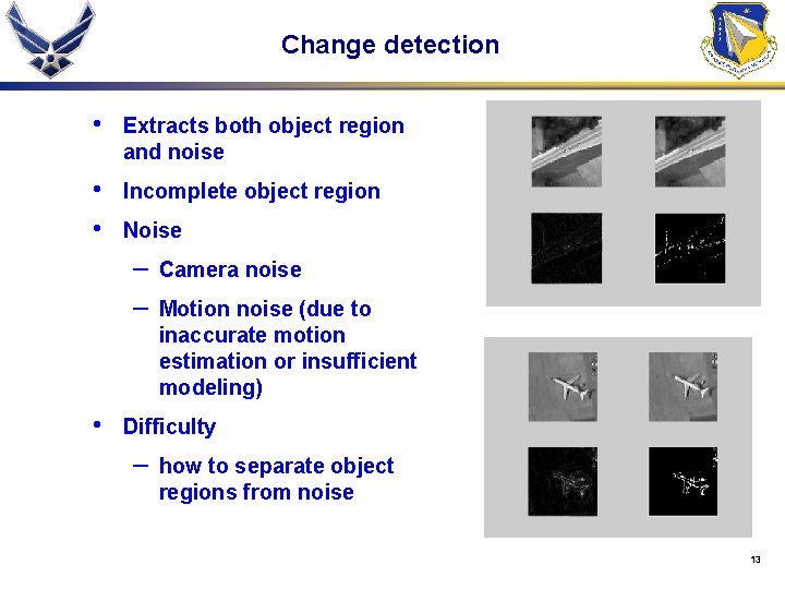 Change detection • Extracts both object region and noise • • Incomplete object region