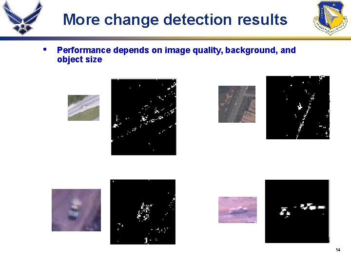More change detection results • Performance depends on image quality, background, and object size