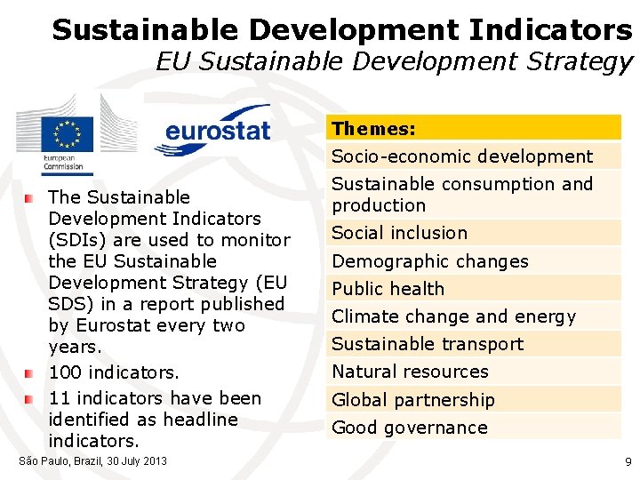 Sustainable Development Indicators EU Sustainable Development Strategy Themes: Socio-economic development The Sustainable Development Indicators