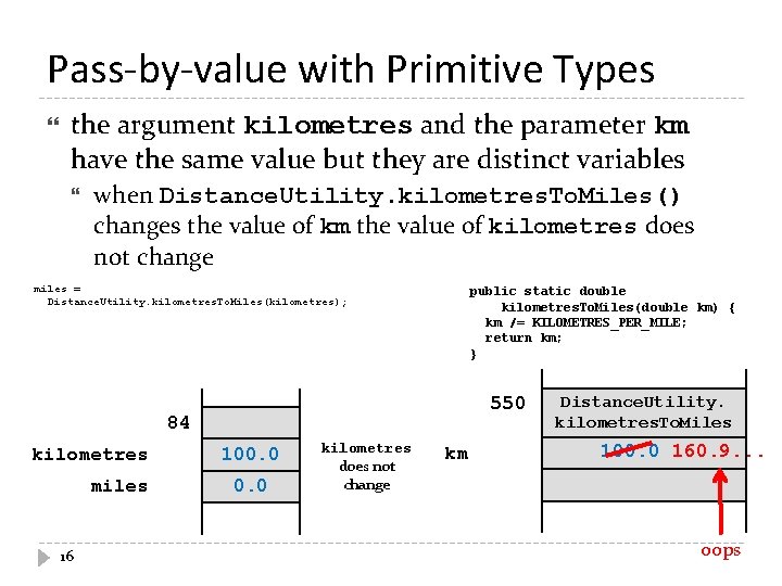 Pass-by-value with Primitive Types the argument kilometres and the parameter km have the same