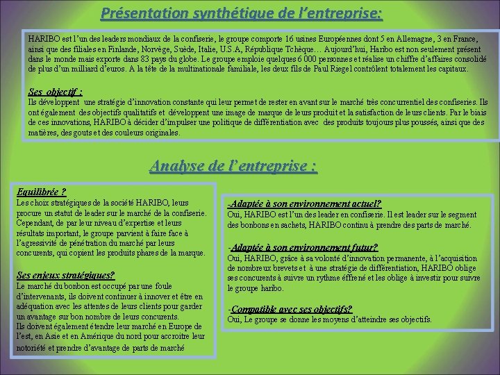 Présentation synthétique de l’entreprise: HARIBO est l’un des leaders mondiaux de la confiserie, le