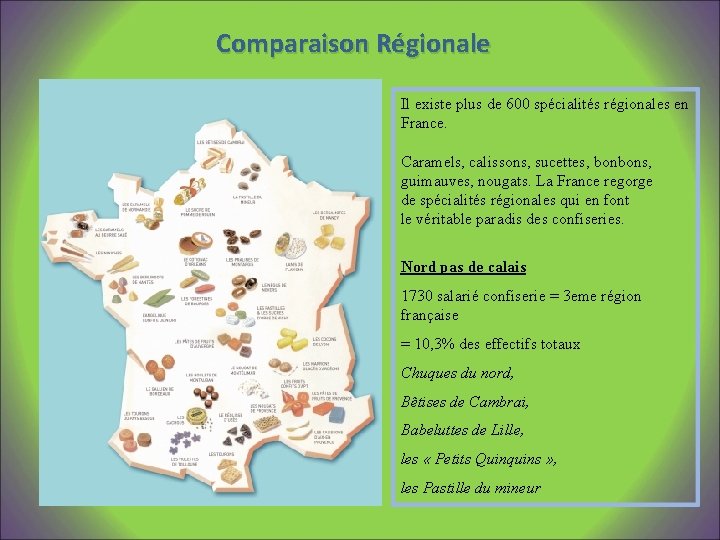 Comparaison Régionale Il existe plus de 600 spécialités régionales en France. Caramels, calissons, sucettes,