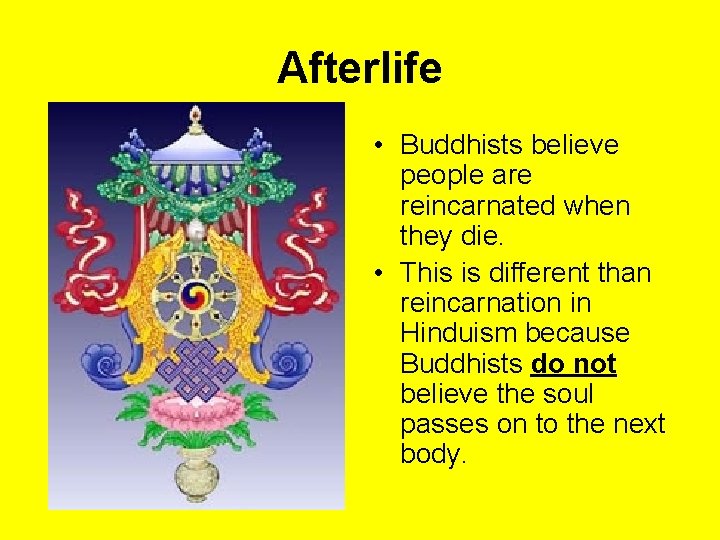 Afterlife • Buddhists believe people are reincarnated when they die. • This is different