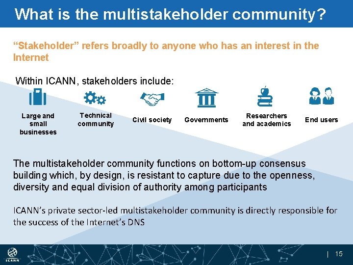 What is the multistakeholder community? “Stakeholder” refers broadly to anyone who has an interest