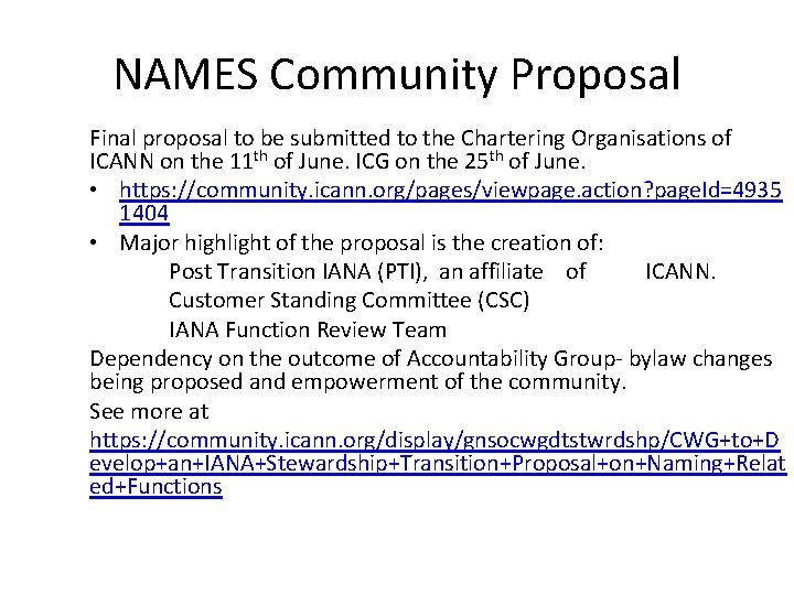 NAMES Community Proposal Final proposal to be submitted to the Chartering Organisations of ICANN