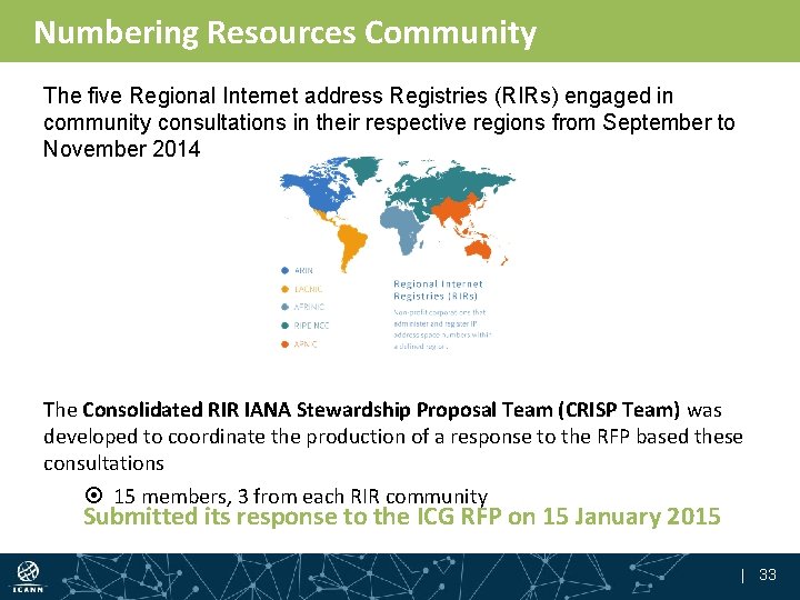 Numbering Resources Community The five Regional Internet address Registries (RIRs) engaged in community consultations