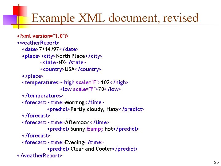 Example XML document, revised <? xml version="1. 0"? > <weather. Report> <date>7/14/97</date> <place><city>North Place</city>