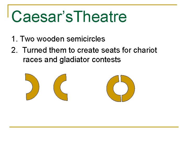 Caesar’s. Theatre 1. Two wooden semicircles 2. Turned them to create seats for chariot