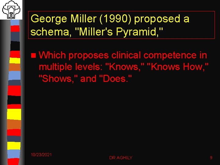 George Miller (1990) proposed a schema, "Miller's Pyramid, " n Which proposes clinical competence