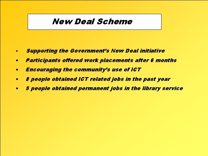 New Deal Scheme • Supporting the Government’s New Deal initiative • Participants offered work