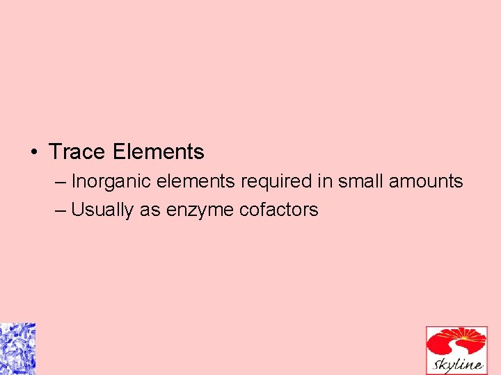  • Trace Elements – Inorganic elements required in small amounts – Usually as