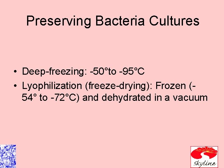 Preserving Bacteria Cultures • Deep-freezing: -50°to -95°C • Lyophilization (freeze-drying): Frozen (54° to -72°C)