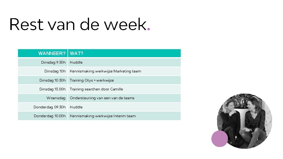 Rest van de week. WANNEER? WAT? Dinsdag 9. 30 h Dinsdag 10 h Huddle