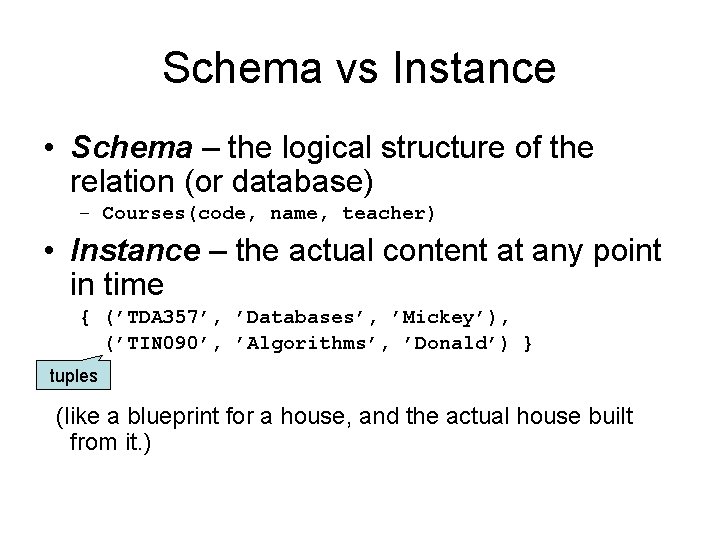 Schema vs Instance • Schema – the logical structure of the relation (or database)