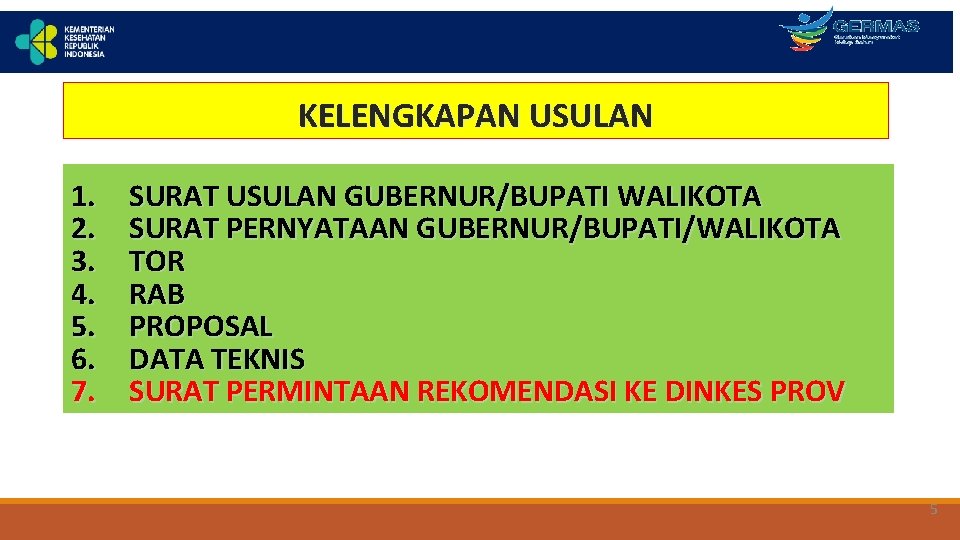 KELENGKAPAN USULAN 1. 2. 3. 4. 5. 6. 7. SURAT USULAN GUBERNUR/BUPATI WALIKOTA SURAT