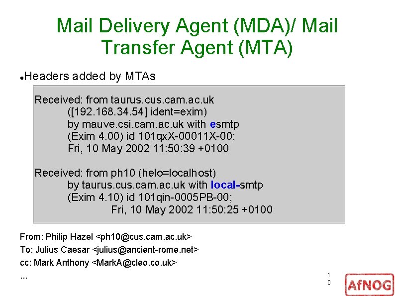 Mail Delivery Agent (MDA)/ Mail Transfer Agent (MTA) Headers added by MTAs Received: from