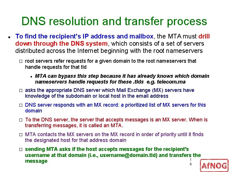 DNS resolution and transfer process To find the recipient's IP address and mailbox, the