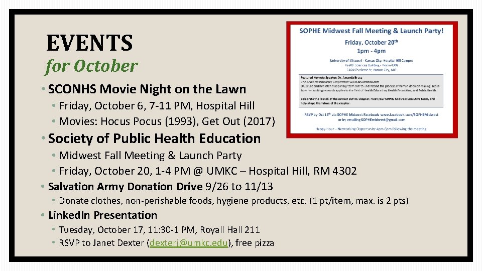 EVENTS for October • SCONHS Movie Night on the Lawn • Friday, October 6,