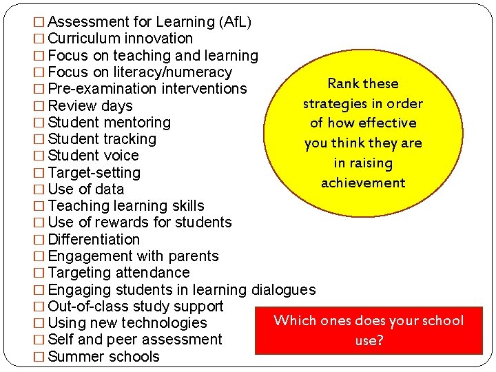 � Assessment for Learning (Af. L) � Curriculum innovation � Focus on teaching and