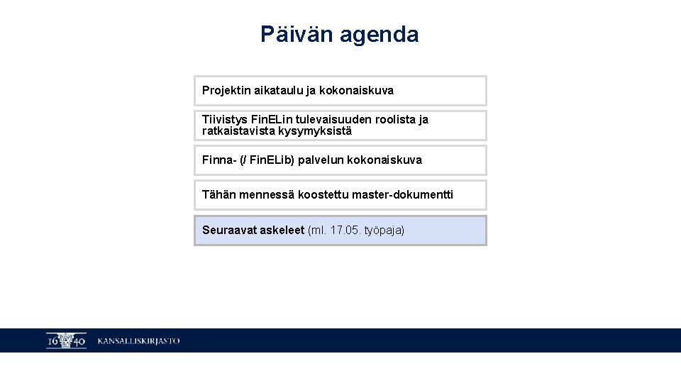 Päivän agenda Projektin aikataulu ja kokonaiskuva Tiivistys Fin. ELin tulevaisuuden roolista ja ratkaistavista kysymyksistä