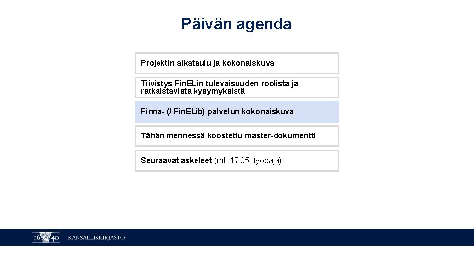 Päivän agenda Projektin aikataulu ja kokonaiskuva Tiivistys Fin. ELin tulevaisuuden roolista ja ratkaistavista kysymyksistä