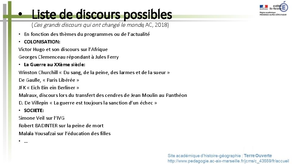  • Liste de discours possibles (Ces grands discours qui ont changé le monde,