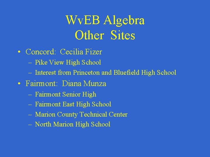 Wv. EB Algebra Other Sites • Concord: Cecilia Fizer – Pike View High School
