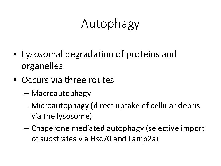 Autophagy • Lysosomal degradation of proteins and organelles • Occurs via three routes –