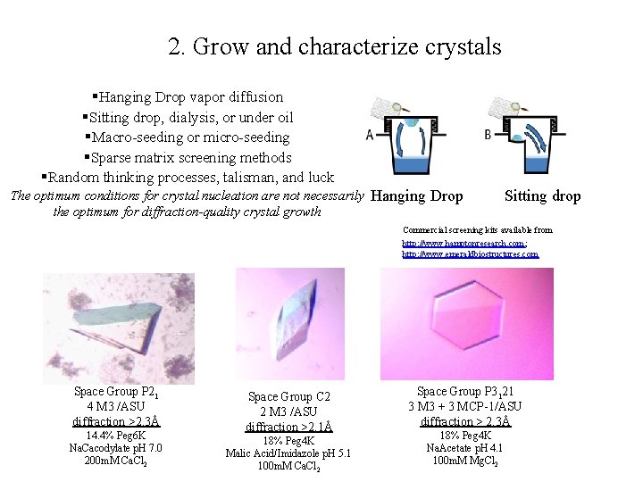 2. Grow and characterize crystals §Hanging Drop vapor diffusion §Sitting drop, dialysis, or under