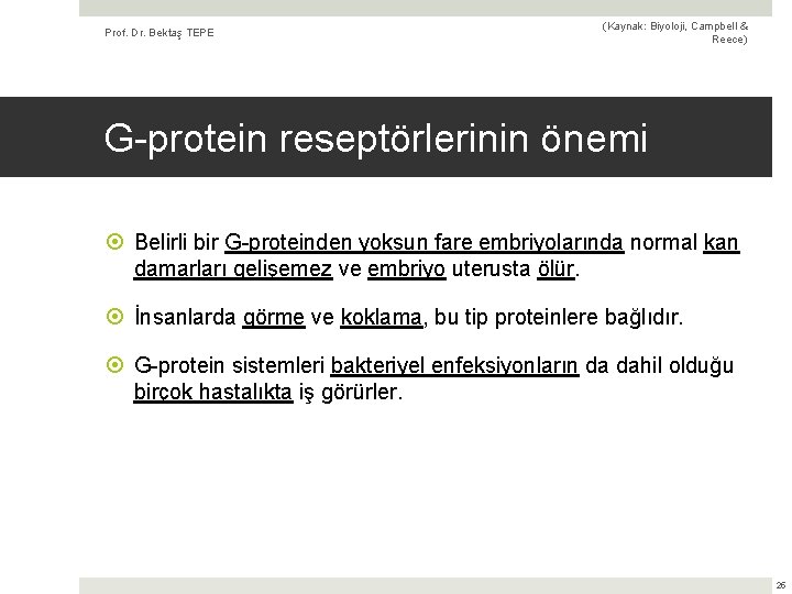 Prof. Dr. Bektaş TEPE (Kaynak: Biyoloji, Campbell & Reece) G-protein reseptörlerinin önemi Belirli bir