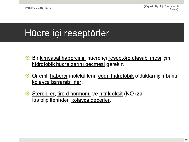 Prof. Dr. Bektaş TEPE (Kaynak: Biyoloji, Campbell & Reece) Hücre içi reseptörler Bir kimyasal