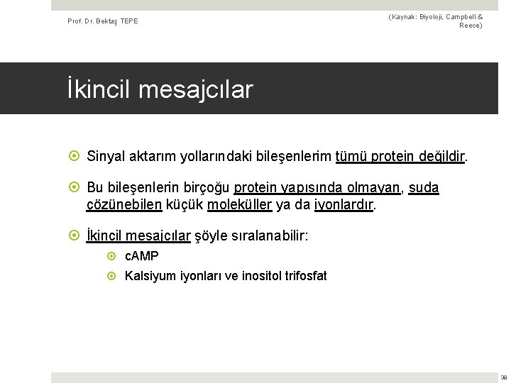 Prof. Dr. Bektaş TEPE (Kaynak: Biyoloji, Campbell & Reece) İkincil mesajcılar Sinyal aktarım yollarındaki