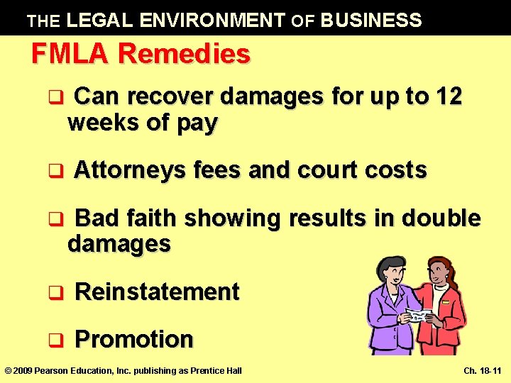 THE LEGAL ENVIRONMENT OF BUSINESS FMLA Remedies q q q Can recover damages for