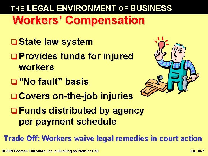 THE LEGAL ENVIRONMENT OF BUSINESS Workers’ Compensation q State law system q Provides funds