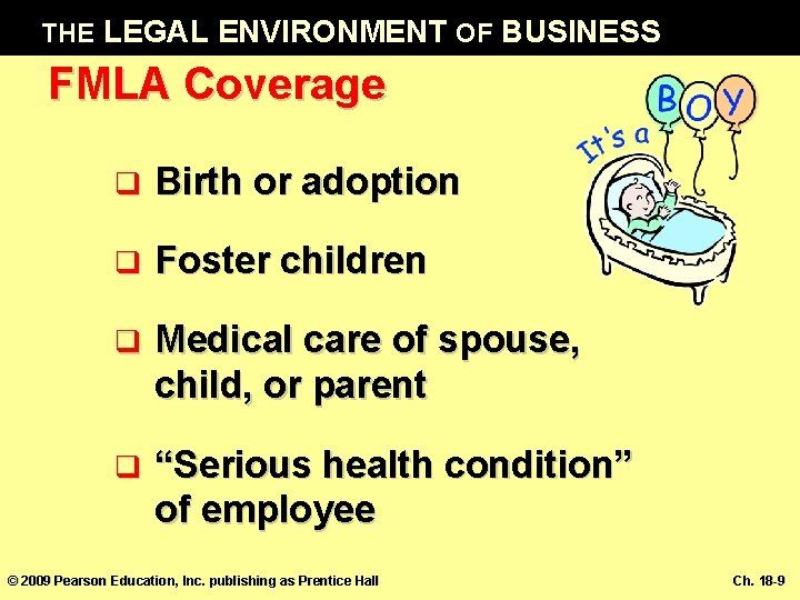 THE LEGAL ENVIRONMENT OF BUSINESS FMLA Coverage q Birth or adoption q Foster children