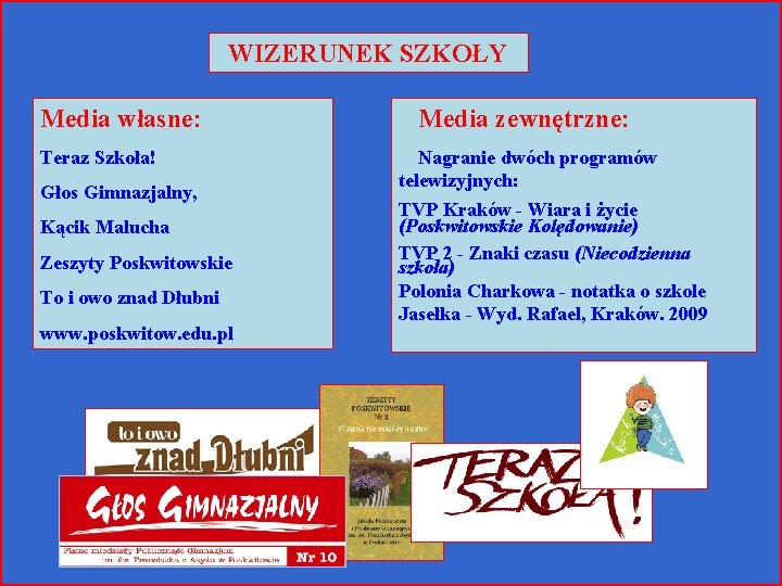 WIZERUNEK SZKOŁY Media własne: Teraz Szkoła! Głos Gimnazjalny, Kącik Malucha Zeszyty Poskwitowskie To i