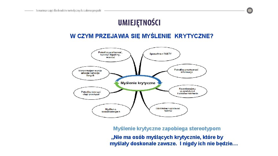 UMIEJĘTNOŚCI W CZYM PRZEJAWIA SIĘ MYŚLENIE KRYTYCZNE? Myślenie krytyczne zapobiega stereotypom „Nie ma osób