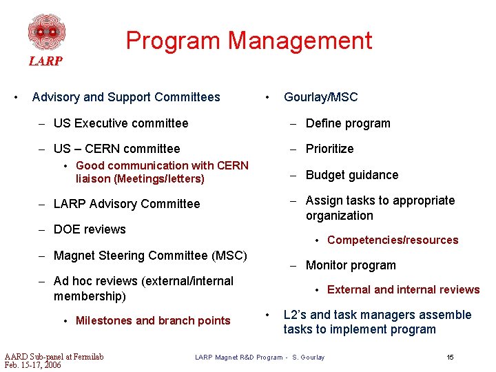 Program Management • Advisory and Support Committees • Gourlay/MSC – US Executive committee –