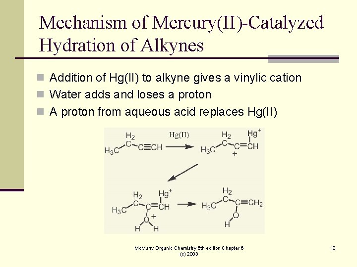 Mechanism of Mercury(II)-Catalyzed Hydration of Alkynes n Addition of Hg(II) to alkyne gives a Mechanism of Mercury(II)-Catalyzed Hydration of Alkynes n Addition of Hg(II) to alkyne gives a