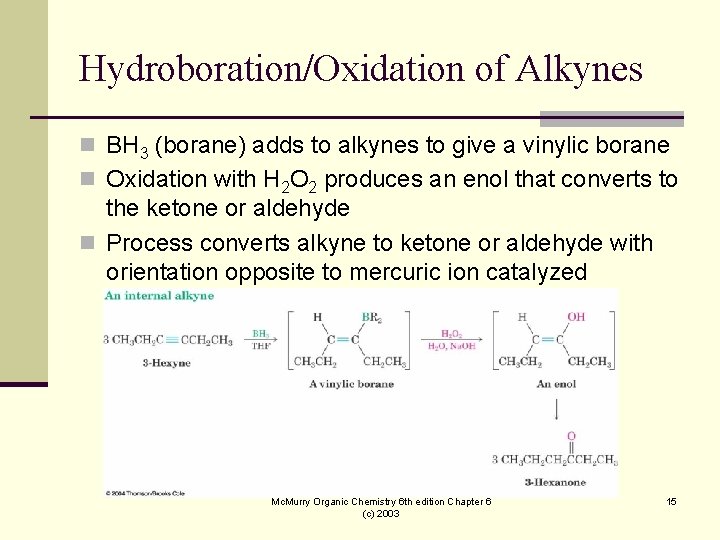 Hydroboration/Oxidation of Alkynes n BH 3 (borane) adds to alkynes to give a vinylic Hydroboration/Oxidation of Alkynes n BH 3 (borane) adds to alkynes to give a vinylic