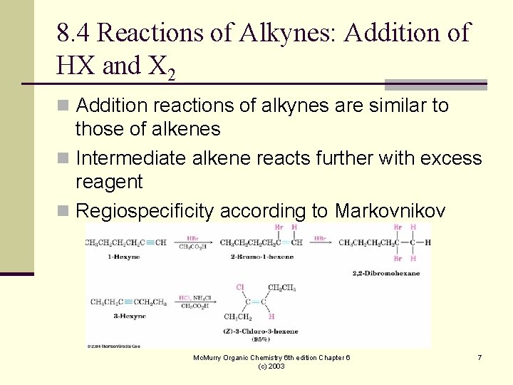 8. 4 Reactions of Alkynes: Addition of HX and X 2 n Addition reactions 8. 4 Reactions of Alkynes: Addition of HX and X 2 n Addition reactions