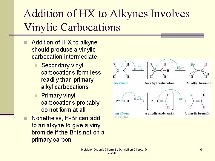 Addition of HX to Alkynes Involves Vinylic Carbocations n Addition of H-X to alkyne Addition of HX to Alkynes Involves Vinylic Carbocations n Addition of H-X to alkyne