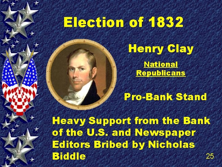 Election of 1832 Henry Clay National Republicans Pro-Bank Stand Heavy Support from the Bank